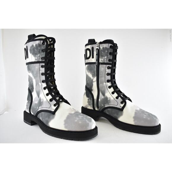 Fendi Black Grey White Tie Dye Canvas Lace Up Tie Logo Combat Biker Boot 37 - Picture 4 of 12